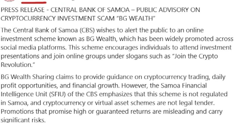 Samoa's Central Bank Issues Warning on BG Wealth Sharing Scam